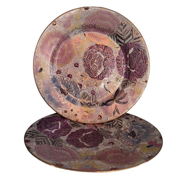 Decorative Plates Set of 2 Asian Style Floral Metallic Accent Oriental 10 3/8" - Picture 1 of 7